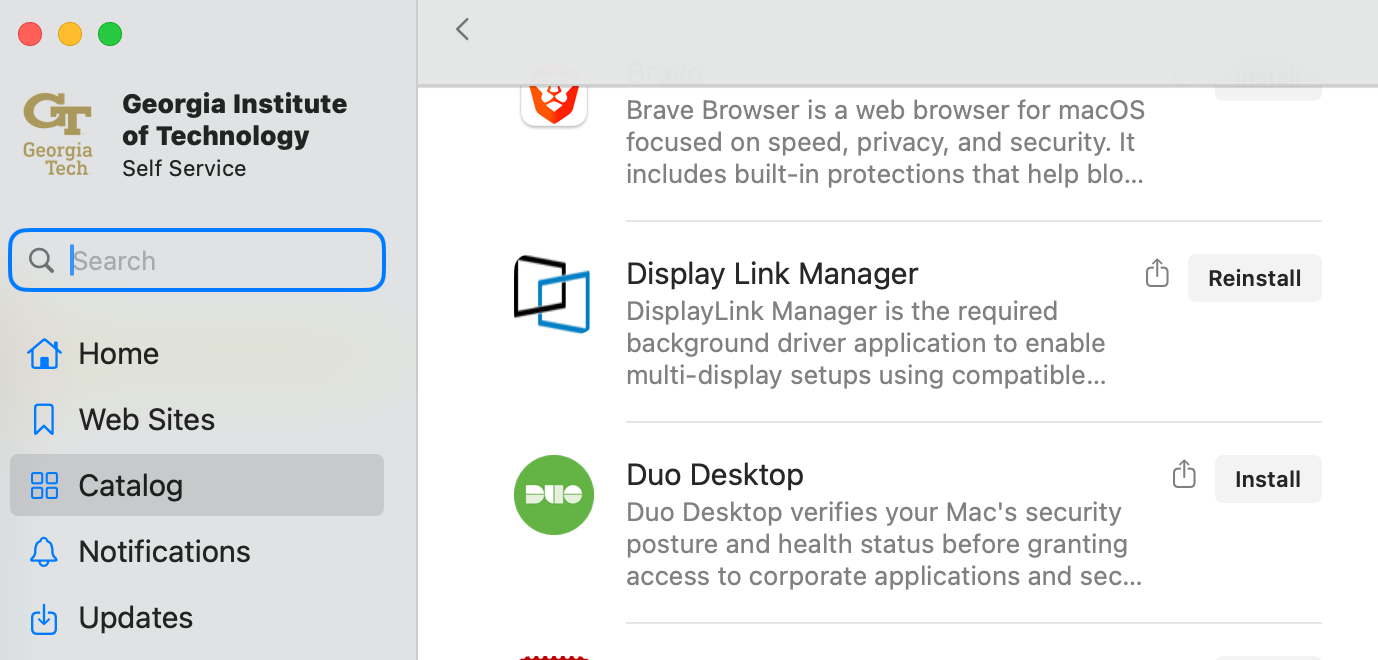 Self Service catalog listing the Display Link Manager app with a Reinstall button.