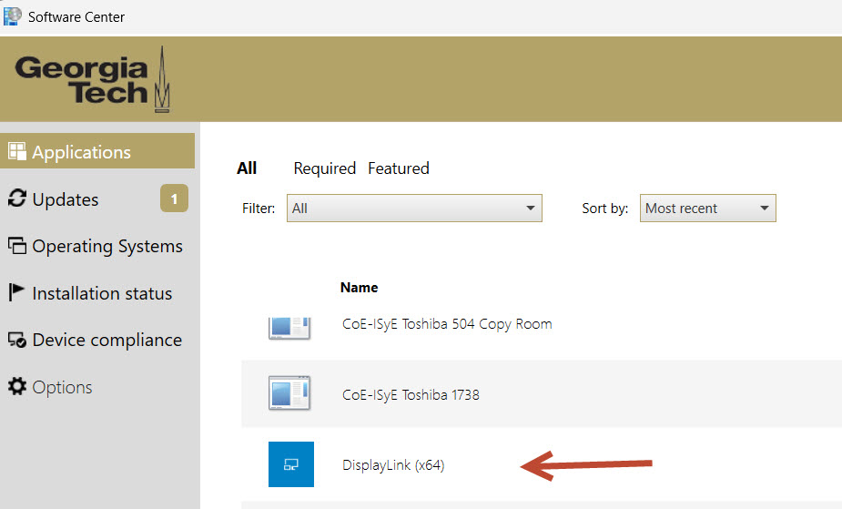 Software Center Applications list with an arrow pointing to DisplayLink (x64).