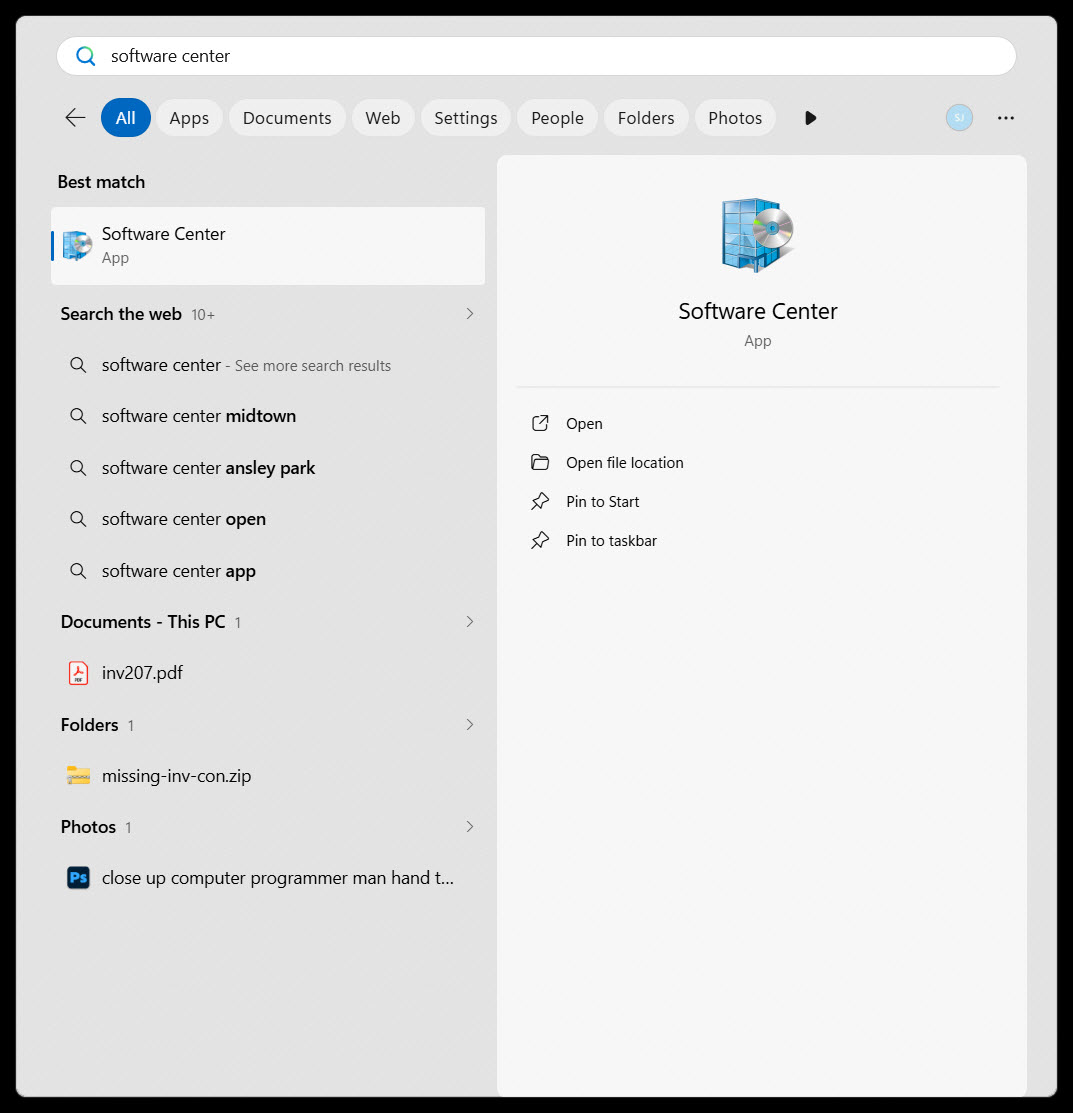 Windows taskbar search results showing Software Center as the best match.