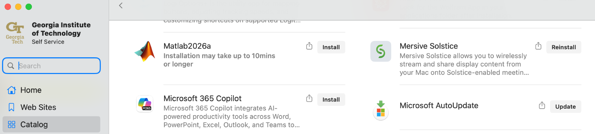 Self Service catalog listing the Mersive Solstice app with a Reinstall button.