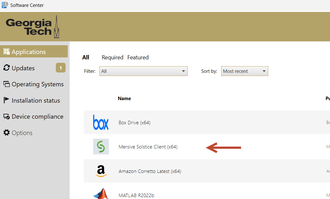 Software Center Applications list with an arrow pointing to Mersive Solstice Client (x64).