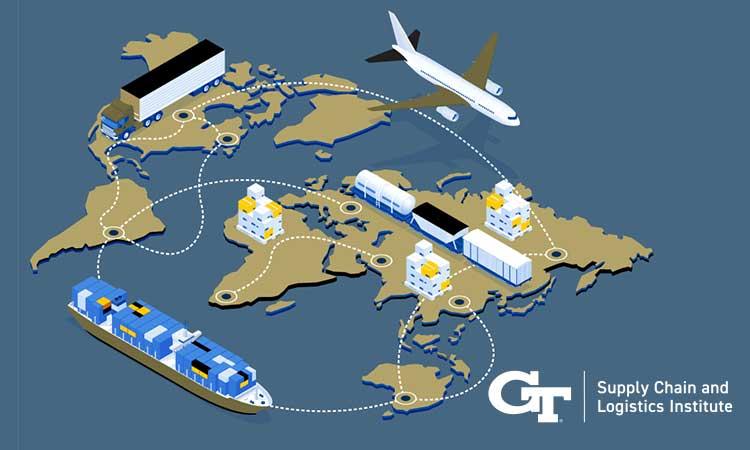 Illustration of global supply chain with ship, plane, and truck
