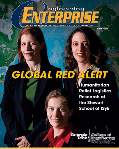 2007 ISyE magazine cover - three faculty memebers in front of global map