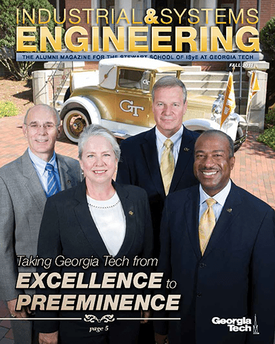 Fall 2011 ISyE magazine cover with prominent members in front of ech tower