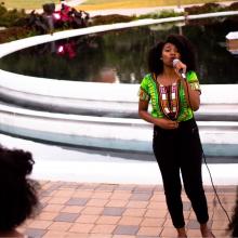 Danie B. Mathis performing at the Fall 2016 What's Going On social justice concert in front of the Campanile.