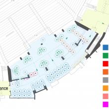 A map showing McCamish Pavilion with optimal equipment allocated for high voter turnout