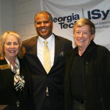 Primus (center) with School Chair Jane Ammons and Professor Don Ratliff after the 2013 Distinguished Leadership Lecture on October 17.