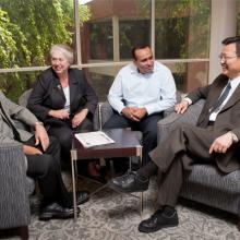 (Clockwise) Leon McGinnis, professor, Jane Ammons, H. Milton and Carolyn J. Stewart School Chair, Nagi Gebraeel, associate professor, and Ben Wang, executive director of Manufacturing Research Center